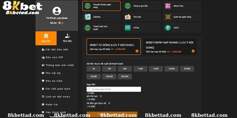 Nạp tiền 8KBET siêu nhanh