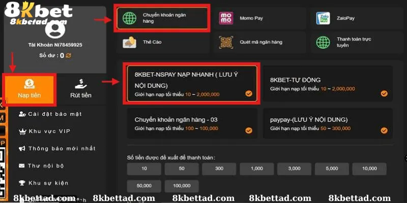 Quy trình nạp tiền 8KBET chính xác